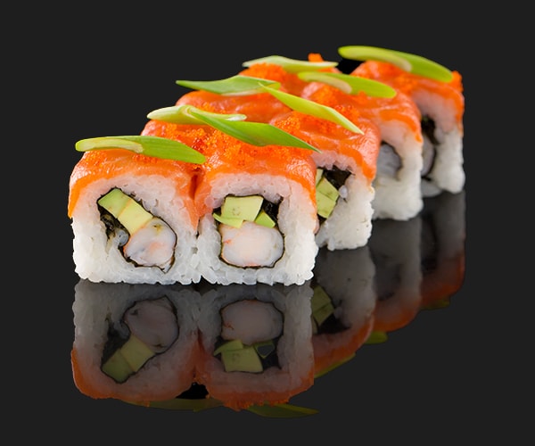 Sushi with salmon and avocado on a black background.